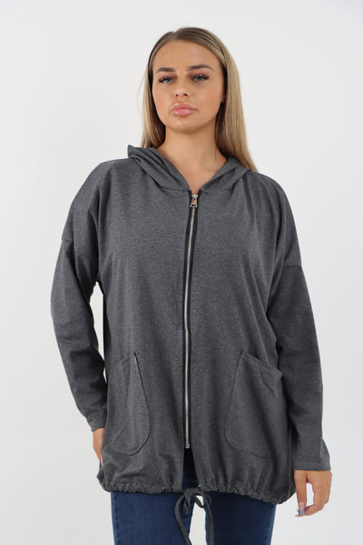 Italian Longline Zip Front Pockets Hooded Top