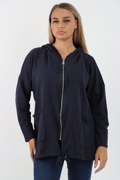 Italian Longline Zip Front Pockets Hooded Top