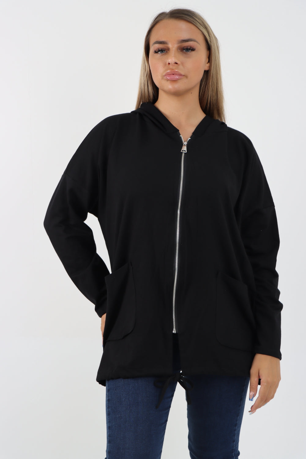 Italian Longline Zip Front Pockets Hooded Top