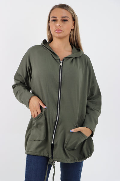 Italian Longline Zip Front Pockets Hooded Top