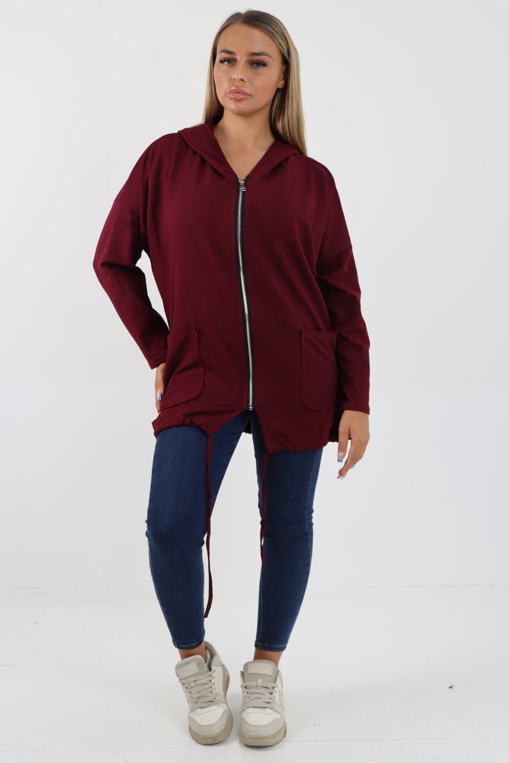 Italian Longline Zip Front Pockets Hooded Top