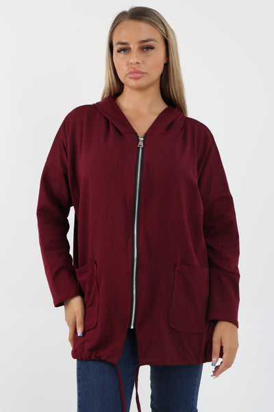 Italian Longline Zip Front Pockets Hooded Top