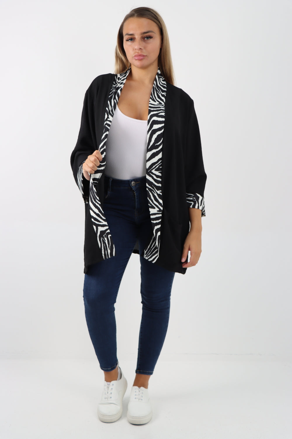 Italian 3/4 Sleeve Printed Panel Open Front Jacket