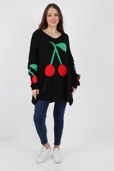 Italian Oversized Knitted Cherry Print Jumper Top