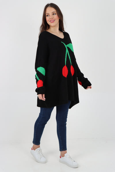 Italian Oversized Knitted Cherry Print Jumper Top