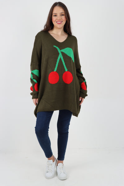 Italian Oversized Knitted Cherry Print Jumper Top