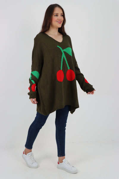 Italian Oversized Knitted Cherry Print Jumper Top