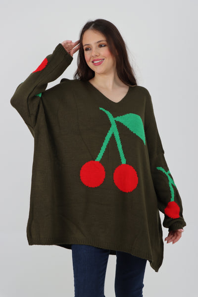 Italian Oversized Knitted Cherry Print Jumper Top