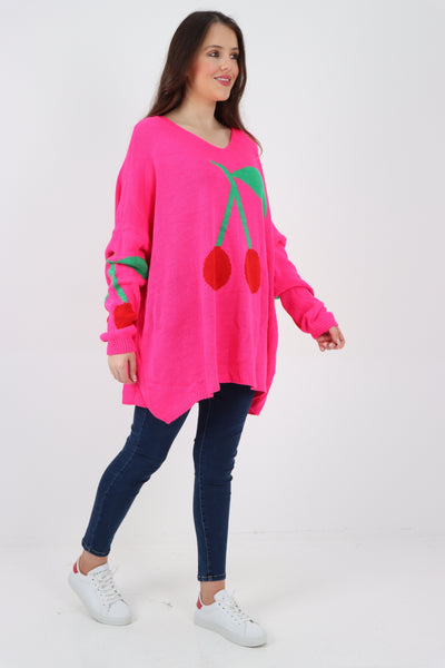 Italian Oversized Knitted Cherry Print Jumper Top