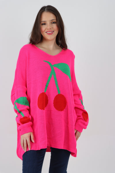 Italian Oversized Knitted Cherry Print Jumper Top