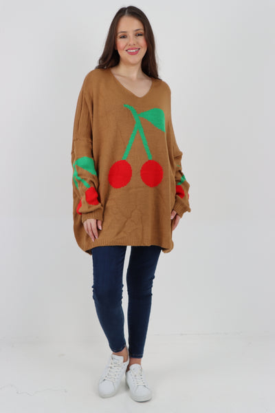 Italian Oversized Knitted Cherry Print Jumper Top