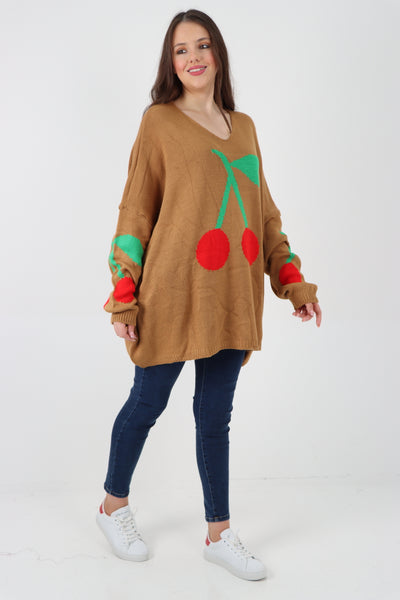 Italian Oversized Knitted Cherry Print Jumper Top