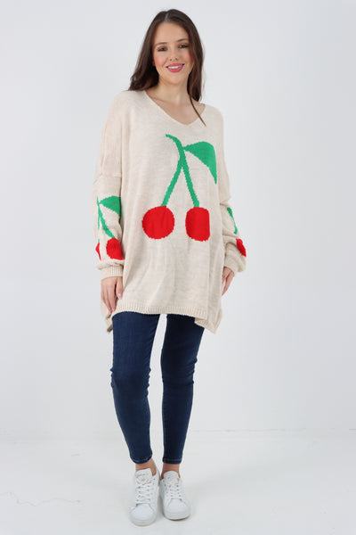 Italian Oversized Knitted Cherry Print Jumper Top