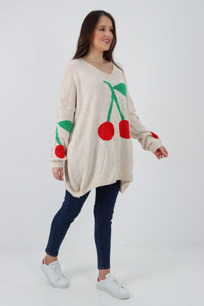 Italian Oversized Knitted Cherry Print Jumper Top