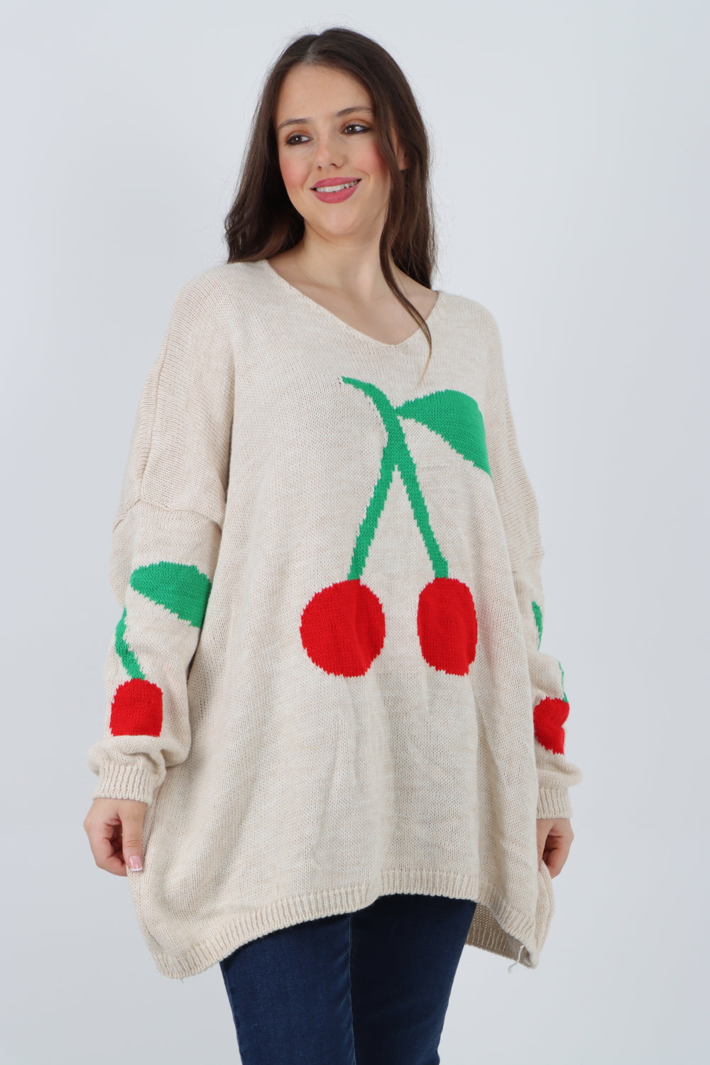 Italian Oversized Knitted Cherry Print Jumper Top