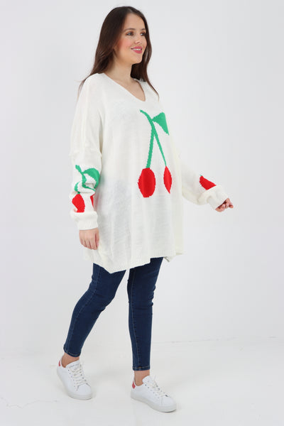 Italian Oversized Knitted Cherry Print Jumper Top