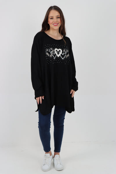 Italian Hanky Hem Sequin Heart Print Soft Knit Jumper Top