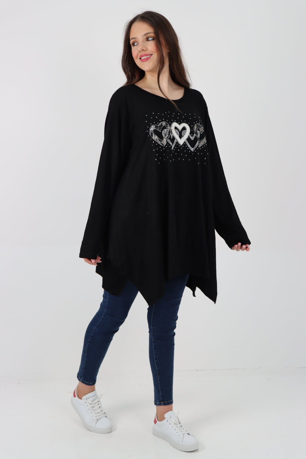 Italian Hanky Hem Sequin Heart Print Soft Knit Jumper Top