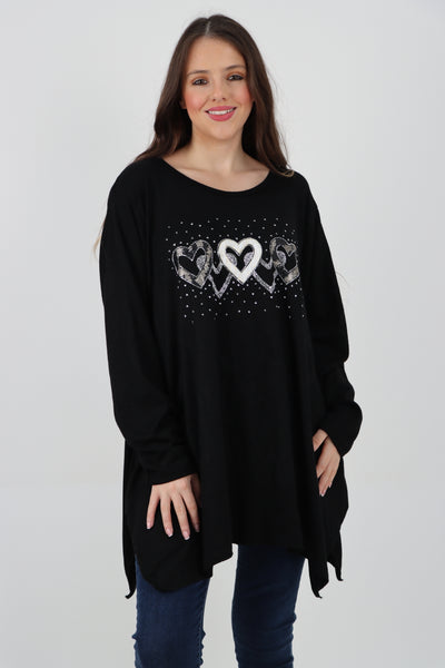 Italian Hanky Hem Sequin Heart Print Soft Knit Jumper Top