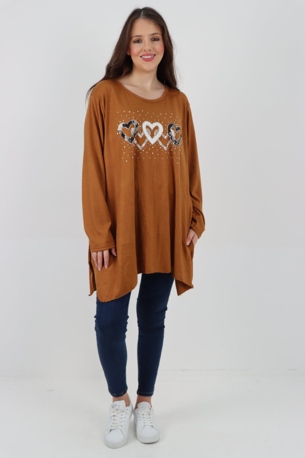 Italian Hanky Hem Sequin Heart Print Soft Knit Jumper Top