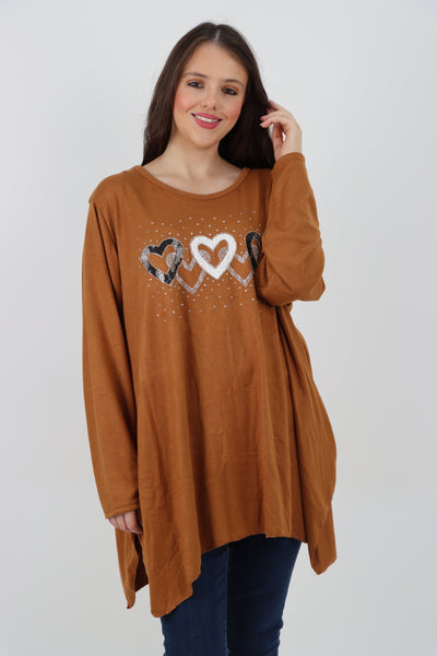 Italian Hanky Hem Sequin Heart Print Soft Knit Jumper Top