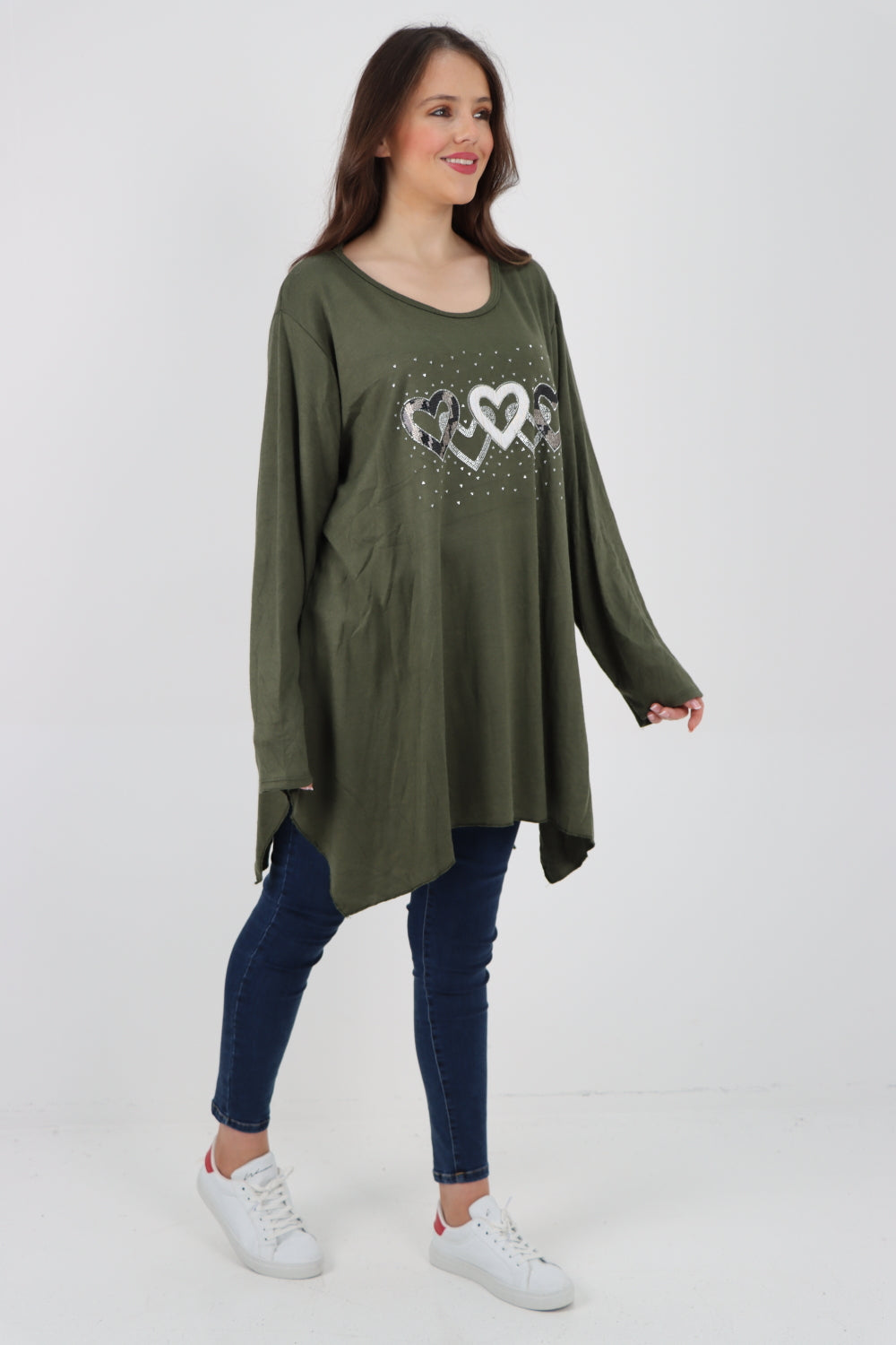 Italian Hanky Hem Sequin Heart Print Soft Knit Jumper Top