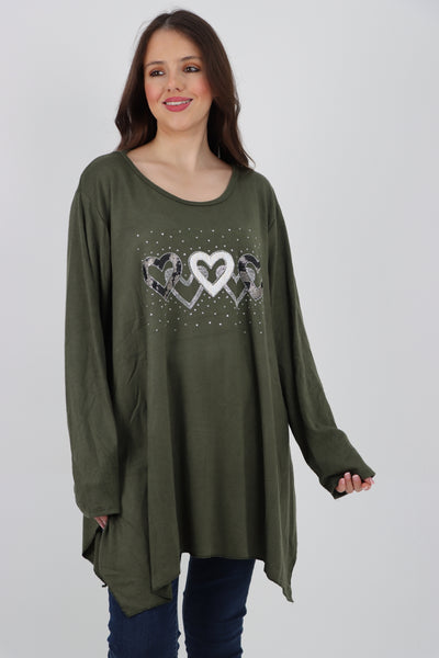 Italian Hanky Hem Sequin Heart Print Soft Knit Jumper Top