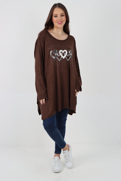 Italian Hanky Hem Sequin Heart Print Soft Knit Jumper Top