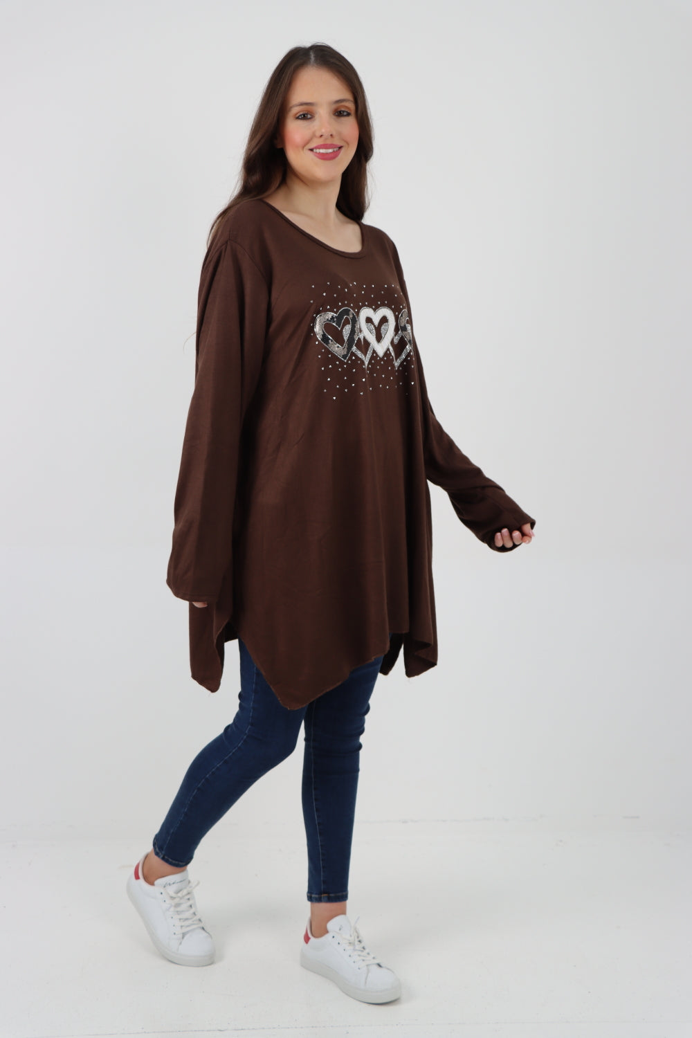 Italian Hanky Hem Sequin Heart Print Soft Knit Jumper Top