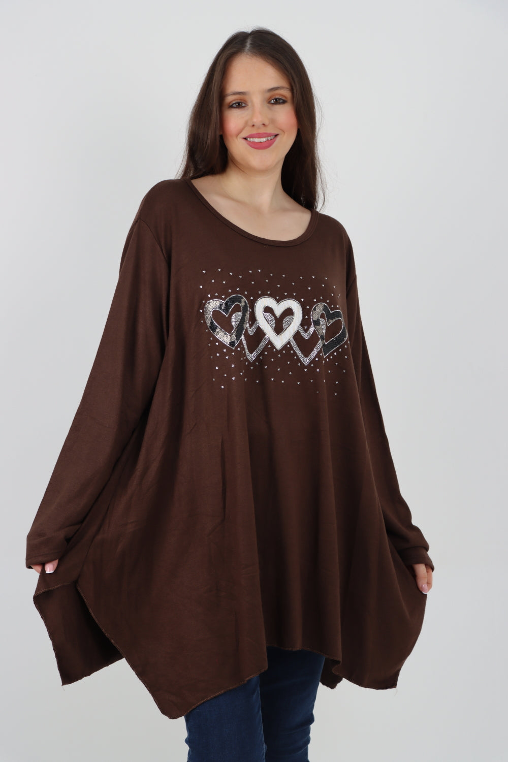 Italian Hanky Hem Sequin Heart Print Soft Knit Jumper Top