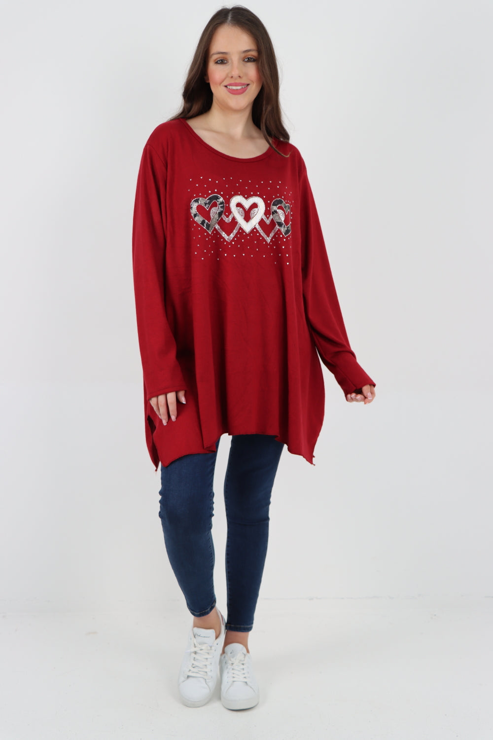 Italian Hanky Hem Sequin Heart Print Soft Knit Jumper Top