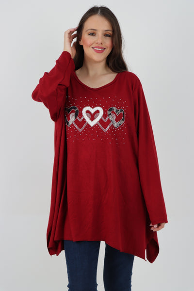 Italian Hanky Hem Sequin Heart Print Soft Knit Jumper Top