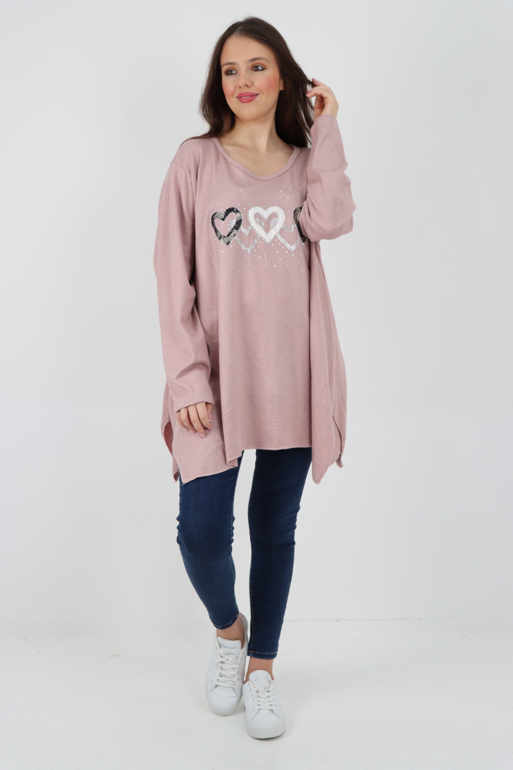 Italian Hanky Hem Sequin Heart Print Soft Knit Jumper Top