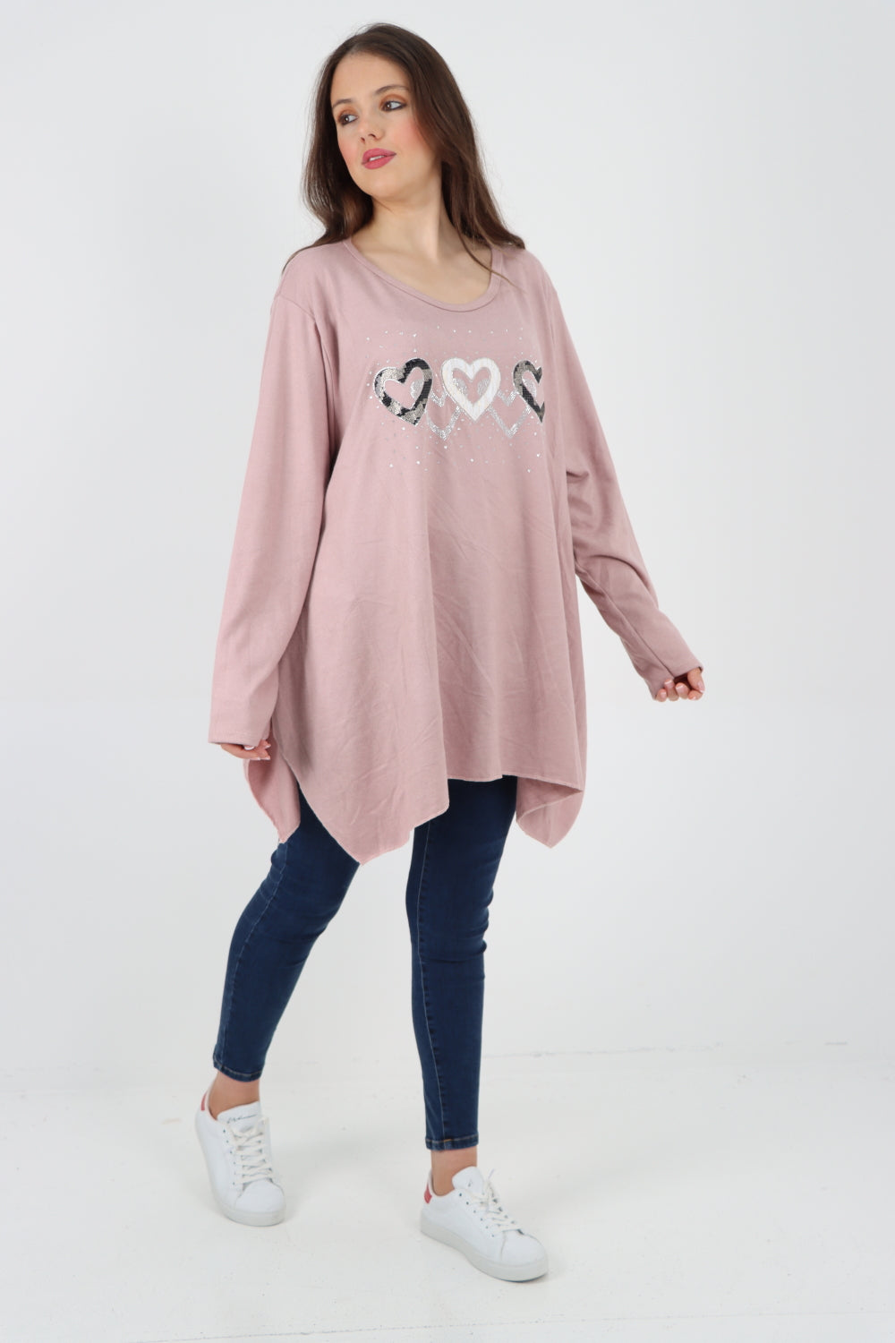 Italian Hanky Hem Sequin Heart Print Soft Knit Jumper Top