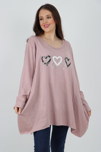 Italian Hanky Hem Sequin Heart Print Soft Knit Jumper Top