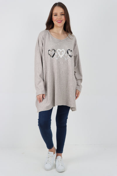 Italian Hanky Hem Sequin Heart Print Soft Knit Jumper Top