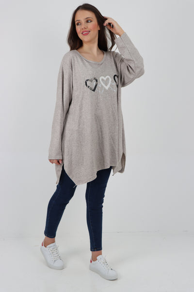 Italian Hanky Hem Sequin Heart Print Soft Knit Jumper Top