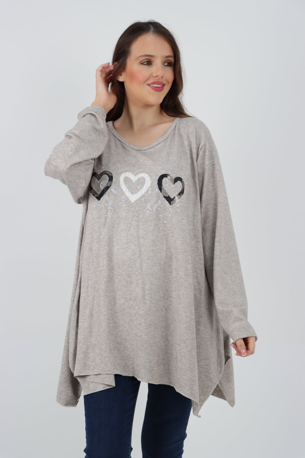 Italian Hanky Hem Sequin Heart Print Soft Knit Jumper Top