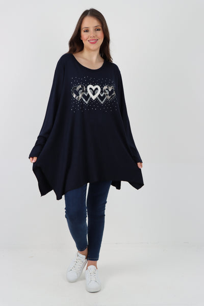 Italian Hanky Hem Sequin Heart Print Soft Knit Jumper Top