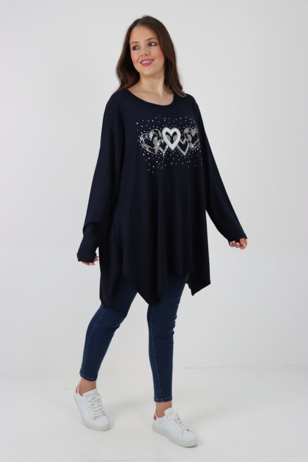 Italian Hanky Hem Sequin Heart Print Soft Knit Jumper Top