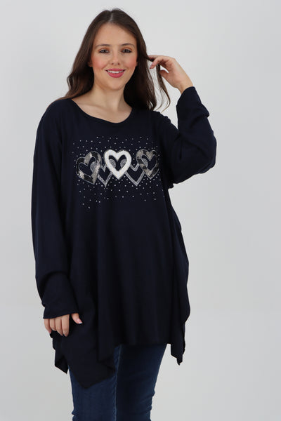 Italian Hanky Hem Sequin Heart Print Soft Knit Jumper Top