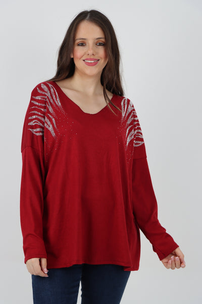 Italian Rhinestone Shoulder Detail Soft Knit Jumper Top