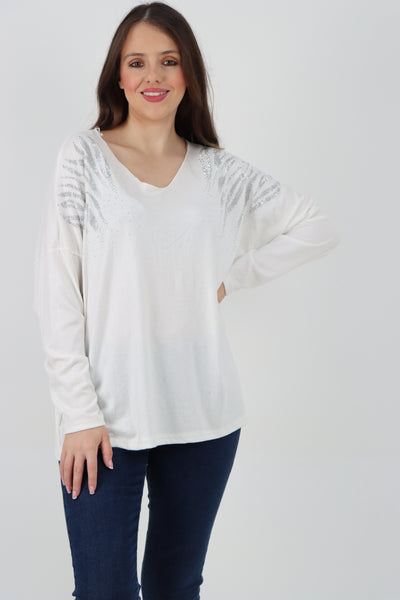 Italian Rhinestone Shoulder Detail Soft Knit Jumper Top