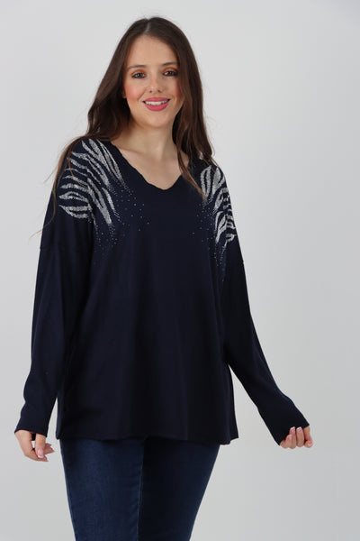 Italian Rhinestone Shoulder Detail Soft Knit Jumper Top