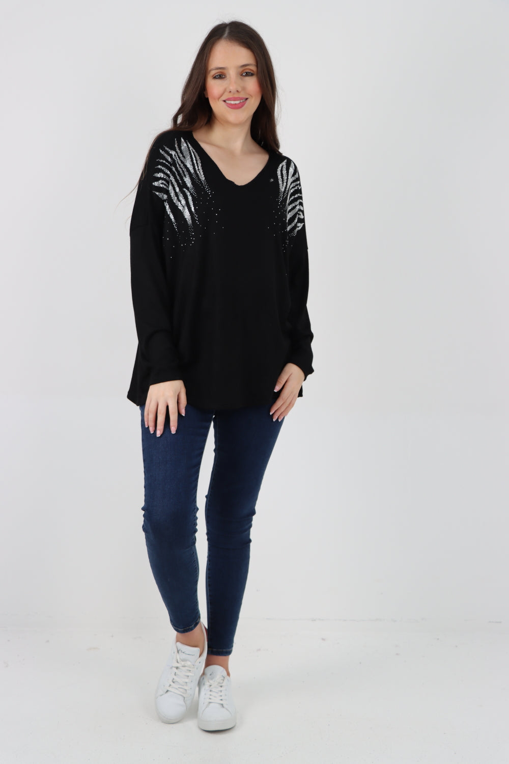 Italian Rhinestone Shoulder Detail Soft Knit Jumper Top