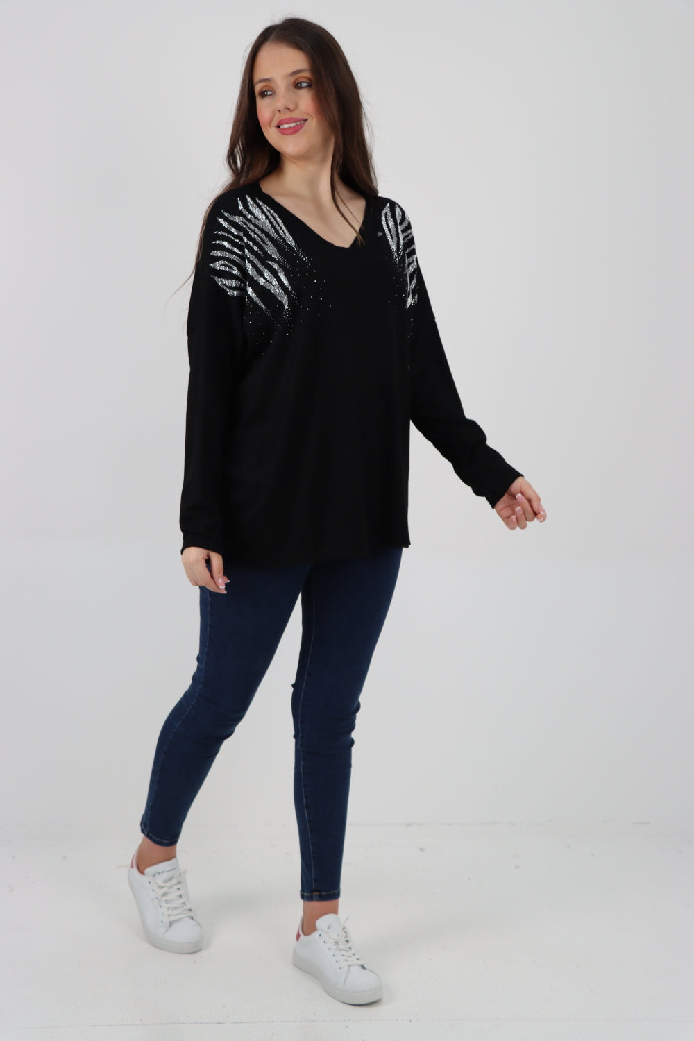 Italian Rhinestone Shoulder Detail Soft Knit Jumper Top