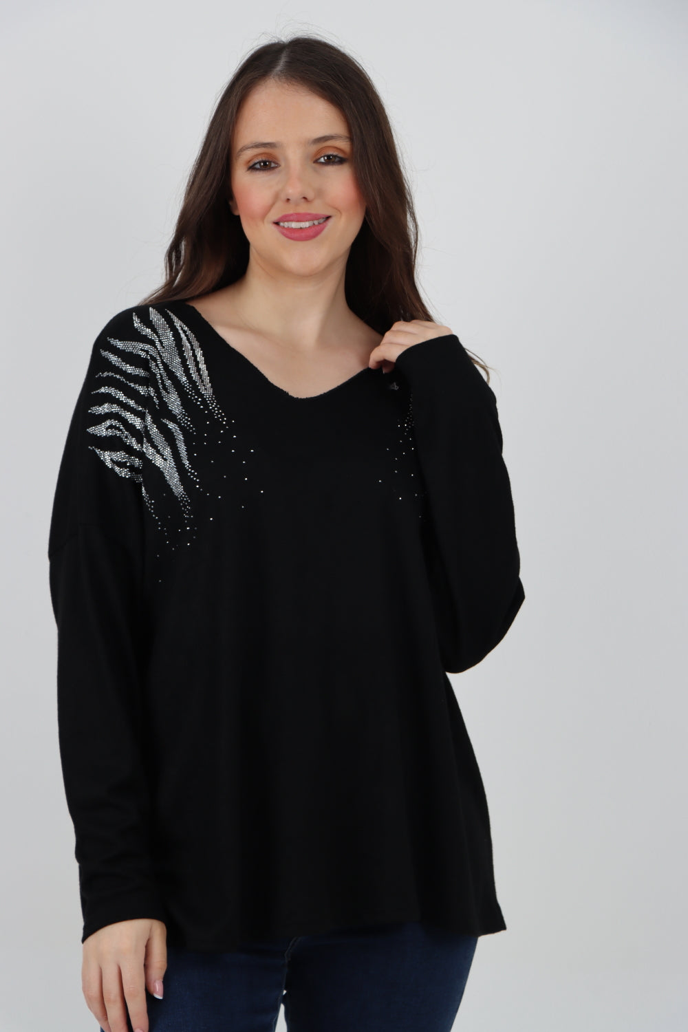 Italian Rhinestone Shoulder Detail Soft Knit Jumper Top