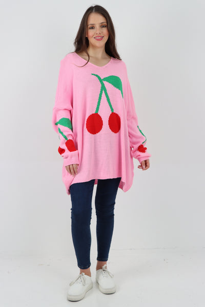 Italian Oversized Knitted Cherry Print Jumper Top