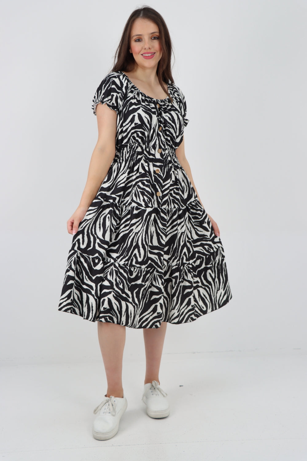 Italian Shirred Waist Animal Print Puff Sleeve Midi Dress