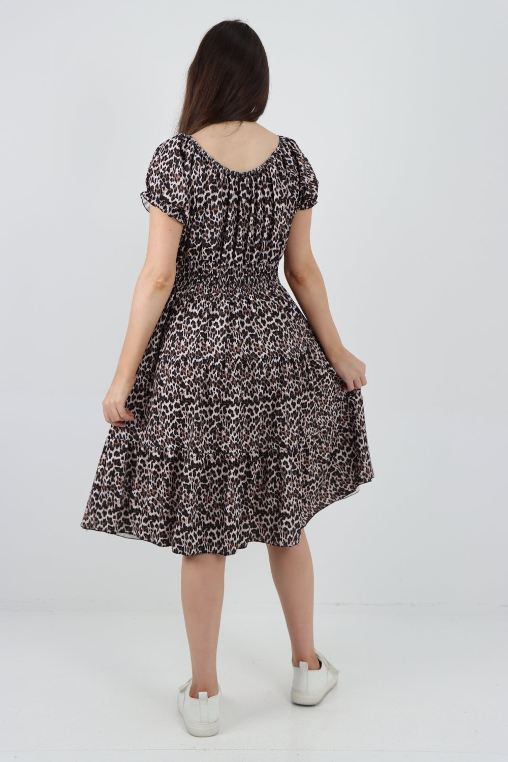 Italian Shirred Waist Animal Print Puff Sleeve Midi Dress